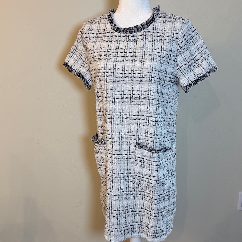 Ladies White Tweed Short Sleeve Shift Tunic Dress Lg